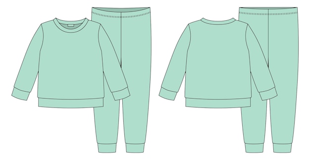 Apparel pajamas technical sketch Mint color Childrens cotton sweatshirt and pants