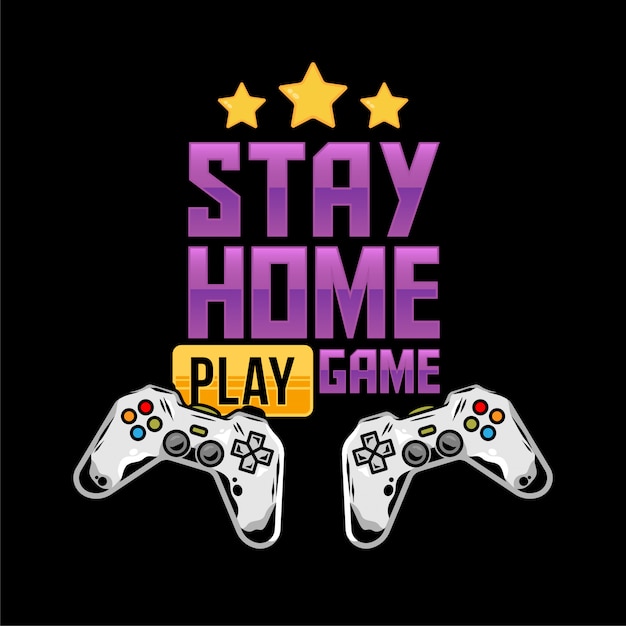 ゲーマーやマニア向けのアパレルプリントデザイン。2つのゲームパッドジョイスティックでビデオゲームをプレイしたり、隔離スタイルのメッセージ "STAY HOME and Play game"を使用したりできます。