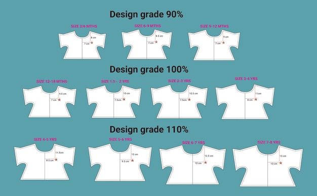 Modello di cucitura dell'abbigliamento con dettagli di misurazione della stampa sul petto illustrazione vettoriale viste frontali.