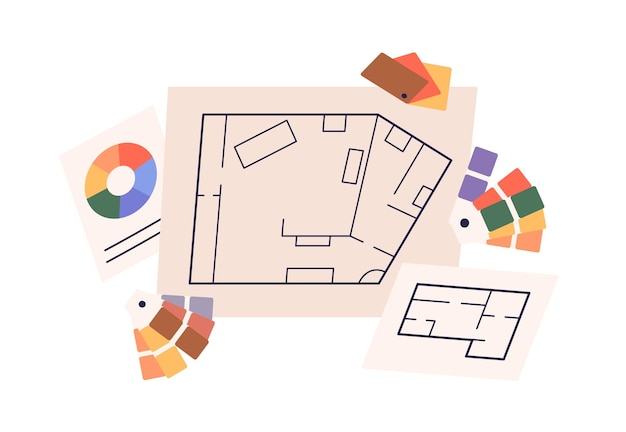 Appartement plattegrond, lay-out en kleurenwielen, paletten. Huis interieur tekening, huis project op papier en ontwerp kleurstalen, tools. Platte vectorillustratie geïsoleerd op een witte achtergrond.