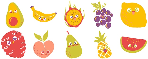 Vector appealing cute fruits doodle style illustration set