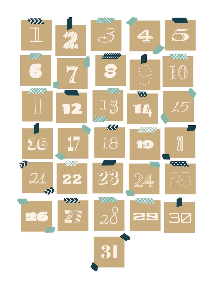 Vector appearance calendar kraft paper christmas gift labels numbered 1 to 31 rustic gift box eco
