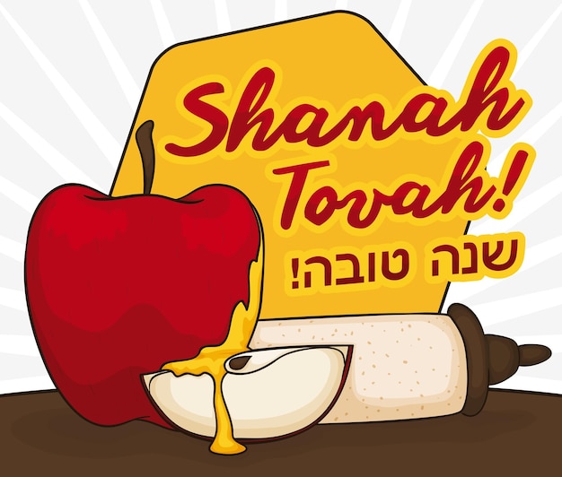 Appel en schijfje belegd met honingrol en een groet voor goed Joods Nieuwjaar Shanah Tovah