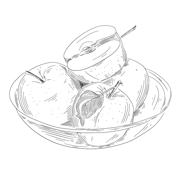 Appel in schetsstijl handgetekende schetsen met appels en bladeren in een plaat vectorillustraties