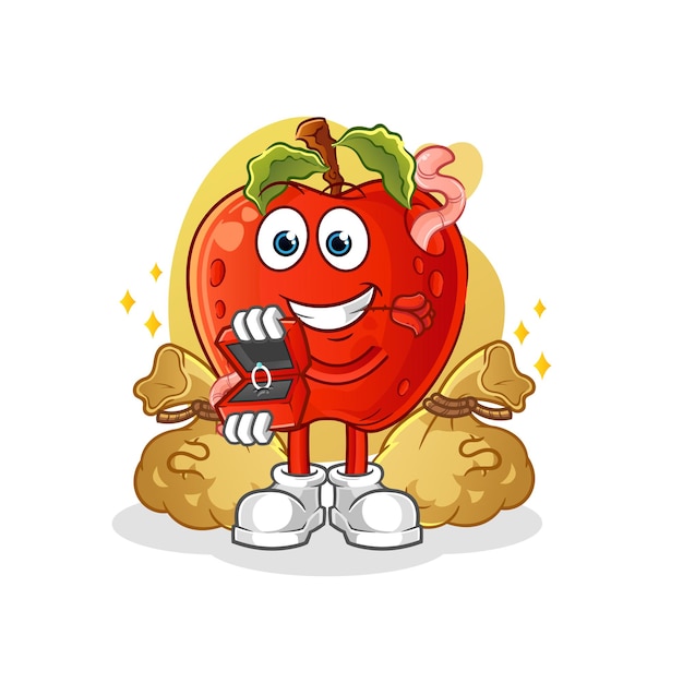 appel met worm voorstel met ring. cartoon mascotte vector