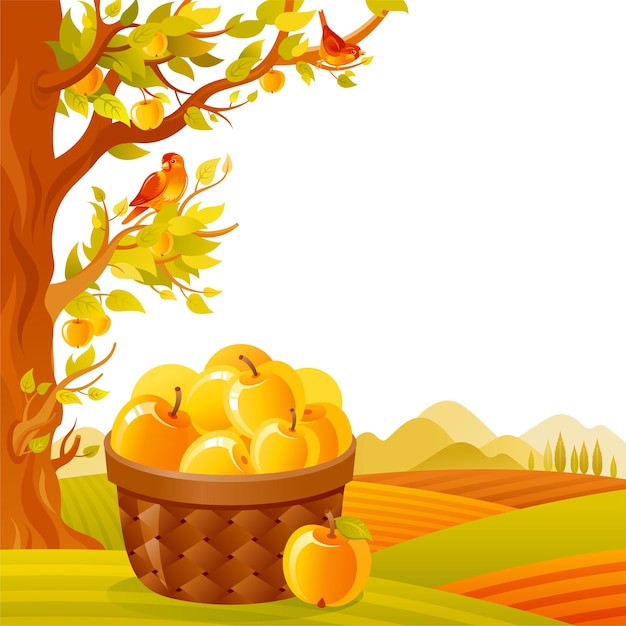 Appelmand in boomgaard Fruit boerderij vector Appel plukken in herfst tuin Cartoon landbouw oogst landschap met herfst boom en mand Vintage zomer of herfst landschap illustratie kunst