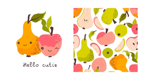 Appels en peren naadloos patroon Kaart met tekst Hello cutie Baby print