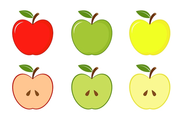 Appels rood groen en geel met plakjes Vector illustratie geïsoleerd op een witte achtergrond