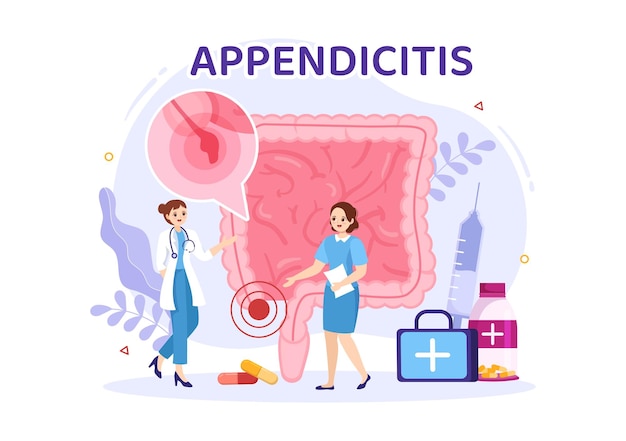 Appendicitis Illustration with Inflammation of the Appendix and Stomach Treatment in Healthcare