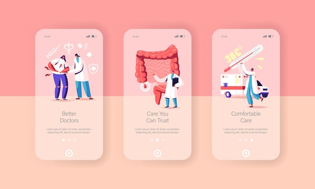 Set di modelli di schermata della pagina dell'app mobile di appendicite, dolore, appendicite