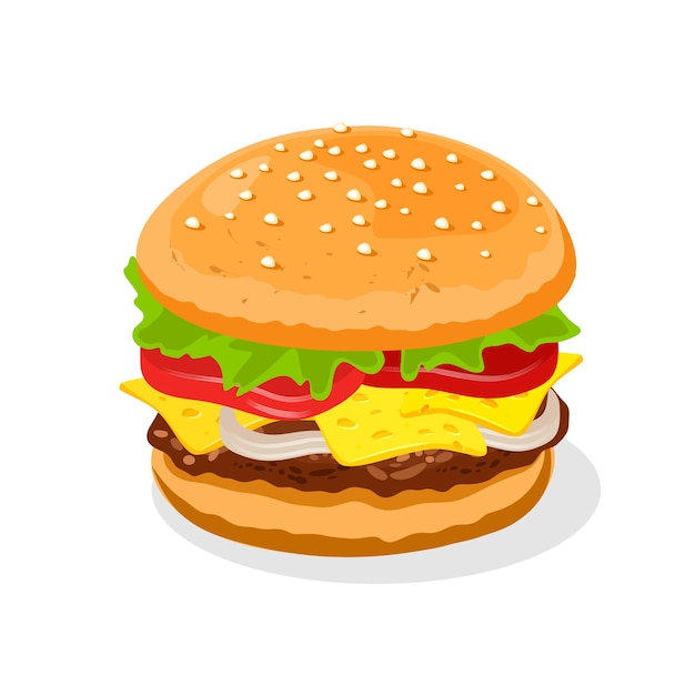 Appetizing big double cheeseburger with beef patties or steak, cheese, tomatoes.