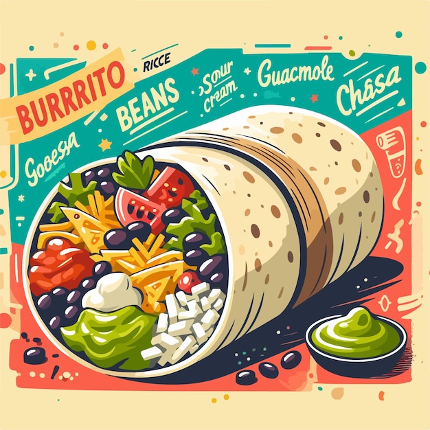 appetizing cartoon fast food Mexican burrito vector