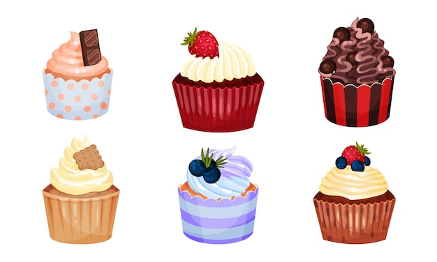 appetizing cupcakes with whipped cream and berry on the top vector set