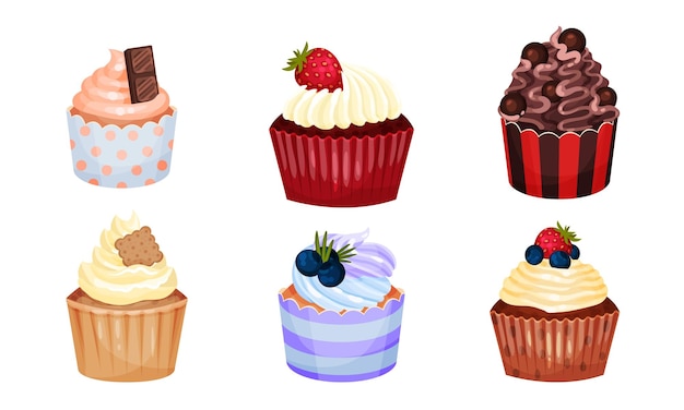 Vector appetizing cupcakes with whipped cream and berry on the top vector set