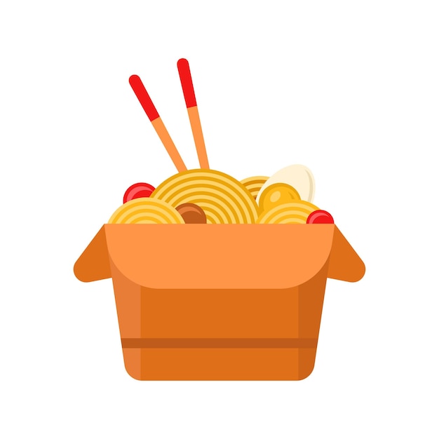 Appetizing noodle with vegetables, eggs and sauce isometric icon vector illustration. Fresh take away traditional Asian food package portion with chopstick isolated. Japanese wok menu badge