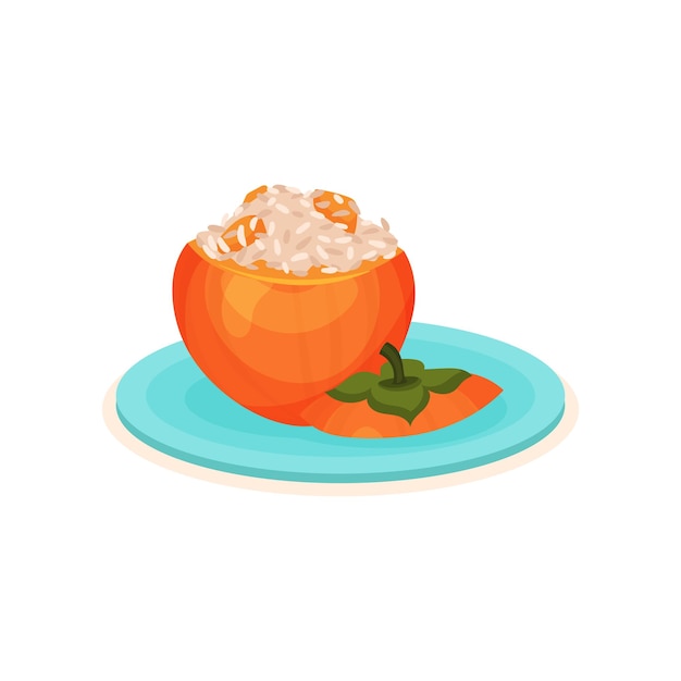 Appetizing stuffed persimmon with rice delicious dish on blue plate food theme flat vector icon
