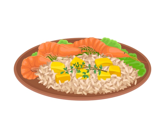 Vector appetizing thai food of rice with shrimps and greenery served on ceramic plate side view vector illustration