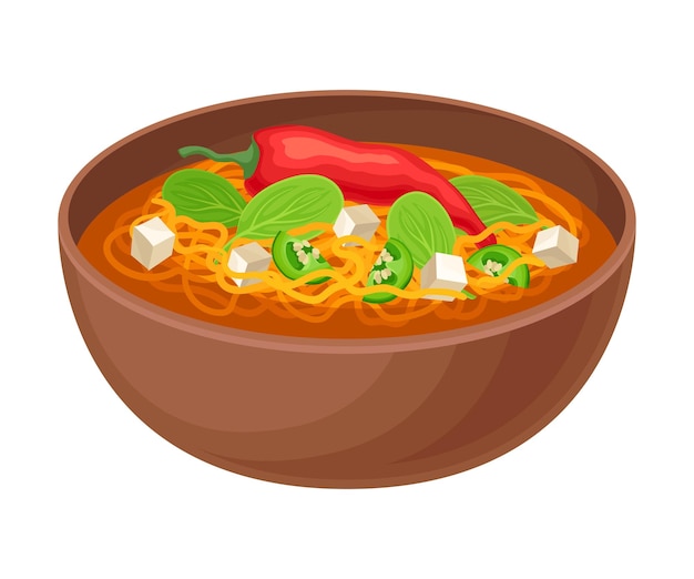 Appetizing Thai Noodle Soup with Hot Pepper and Greenery Served in Ceramic Bowl Side View Vector Illustration