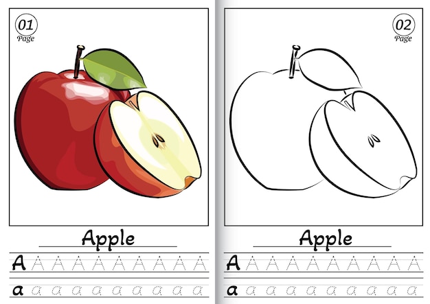 Apple Alphabet ABC Coloring Page A 영어 알파벳의 모든 문자 추적 유치원 활동 어린이