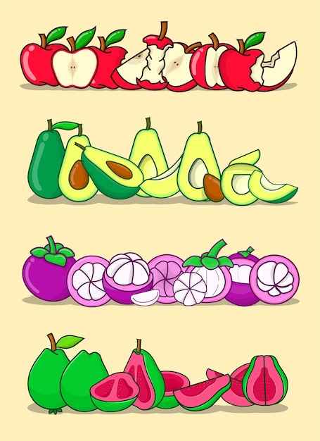 Яблоко, авокадо и мангустин задают вектор иллюстрации. изолированная иллюстрация фруктов с желтым баком