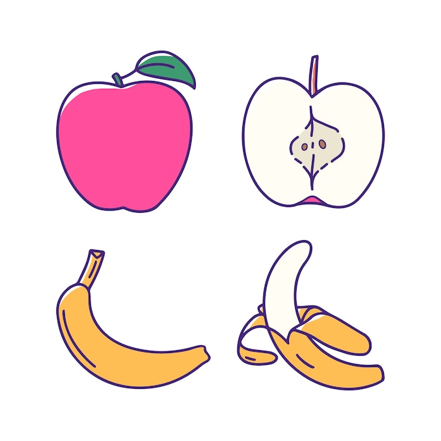 Apple Banana Fruit Hand Drawn