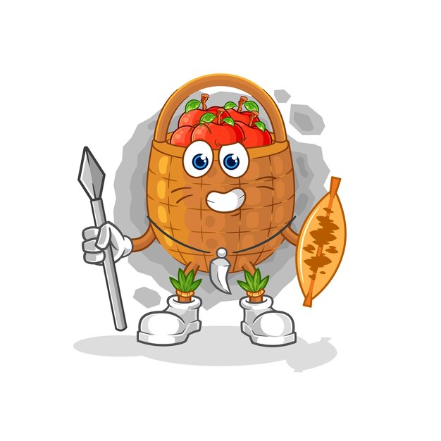 Apple basket african tribal fighter mascot cartoon vector