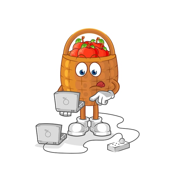 Apple basket with laptop mascot cartoon vector