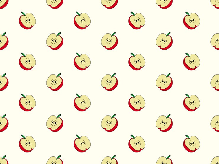 Vector apple cartoon character seamless pattern on yellow background