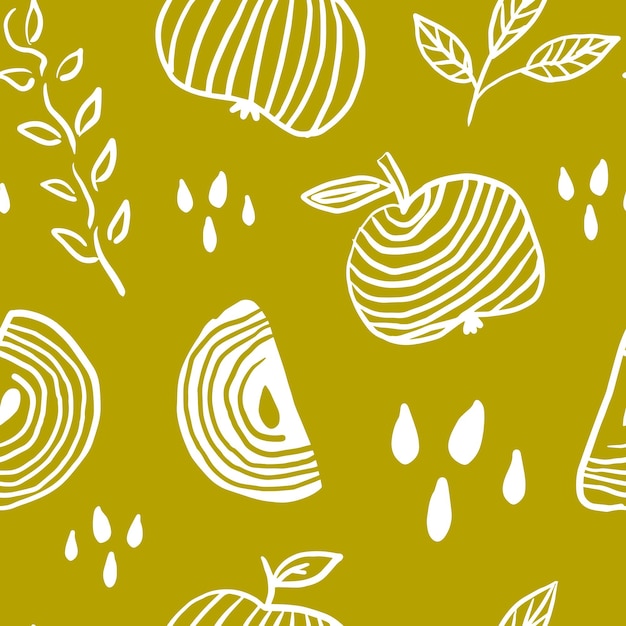 Vector apple chalk hand drawn seamless pattern in mustard color