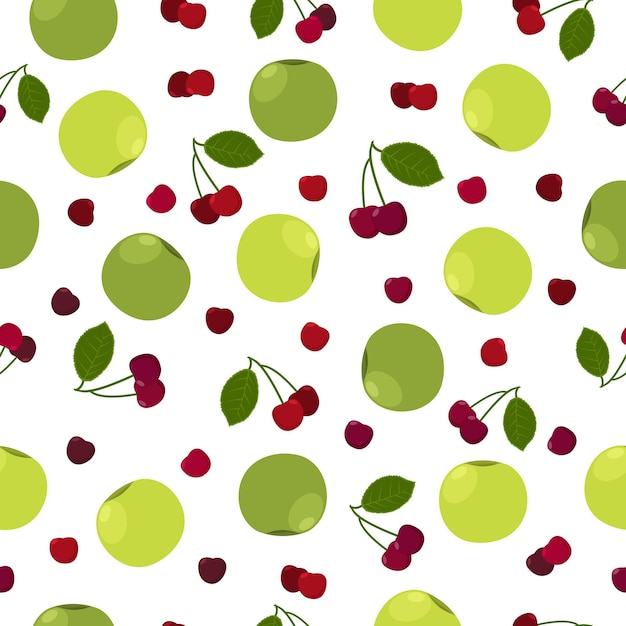 Apple cherry juicy summer seamless pattern with a picture of a ripe green apple and red cherry and green leaves. summer print. vector illustration on white background.