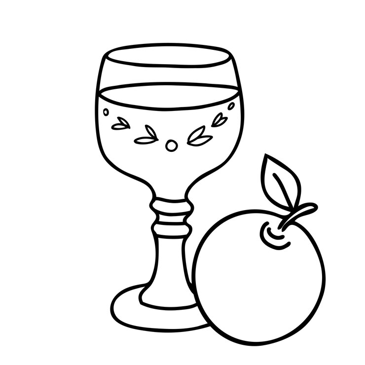 Vector apple cider composition elegant wine roman glass with decorative leaf patterns and apple fruit