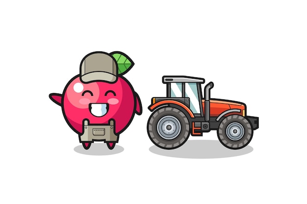 The apple farmer mascot standing beside a tractor , cute design