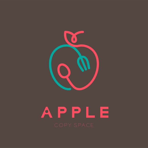 Vector apple fruit met lepel en vork logo omtrek lijn