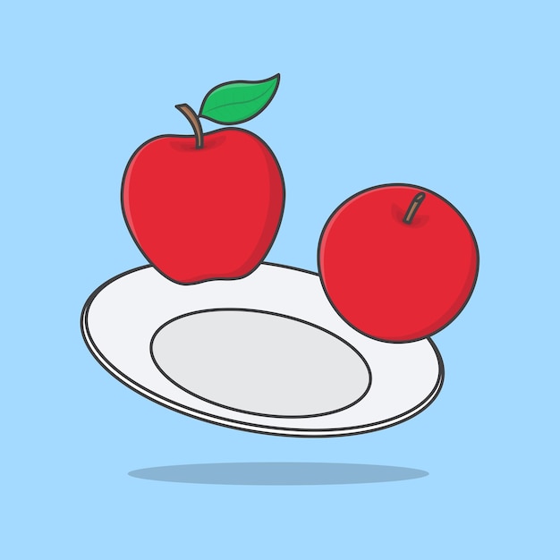 Apple Fruit On A Plate Cartoon Vector Illustration Apple Fruit Flat Icon Outline