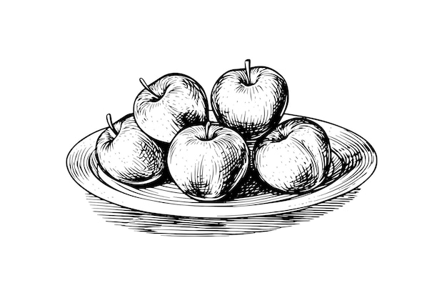 Яблочные фрукты на тарелке, нарисованные вручную, векторные иллюстрации в стиле гравировки