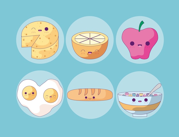 Vector apple fruit with set food kawaii style