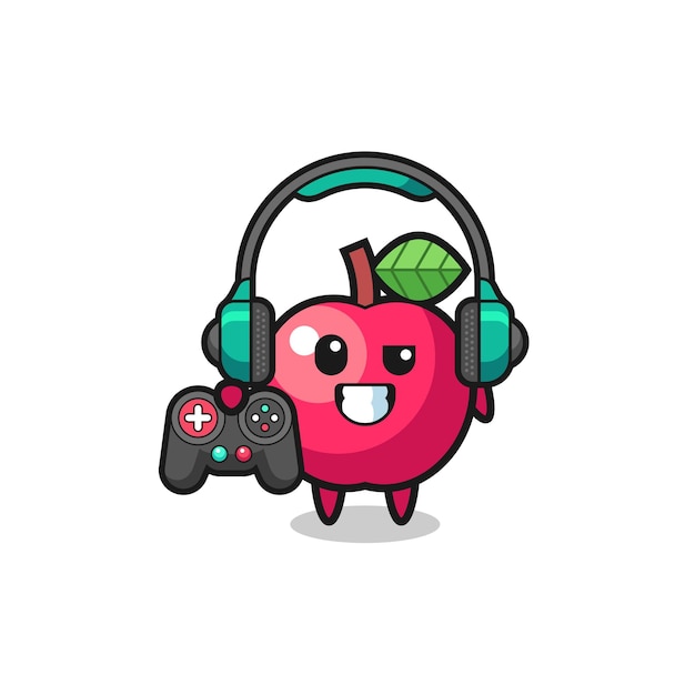 Vector apple-gamermascotte met een gamecontroller, schattig ontwerp