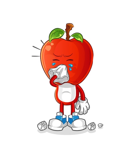 Персонаж мультфильма "Яблочная голова" сморкается. мультфильм талисман вектор