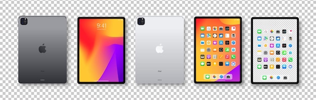 ベクトル アップル ipad フロントバックビュー グレーシルバーミニエアプロ モデル スクリーンウォールペーパー スクリーンショット カレンダー メインメニューノート タブレットの垂直方向 スマートデバイスモックアップ 編集ベクトル