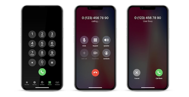 Vector apple iphone ios call screen design concept set with realistic blurry background incoming out coming