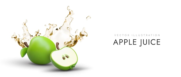 Vector apple juice realistic green apple splashes of transparent liquid delicious sweet nutritious drink