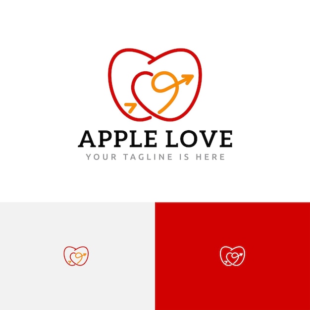 Logo della linea di alimenti sani con frutta a forma di freccia a forma di cuore di apple