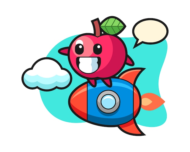 Apple mascot character riding a rocket