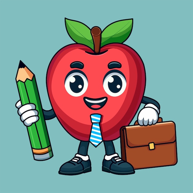 Vector apple mascot illustrationholding bag and pencilperfect design for business growth