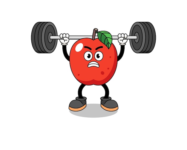 Apple-mascottecartoon die een barbell-karakterontwerp opheft