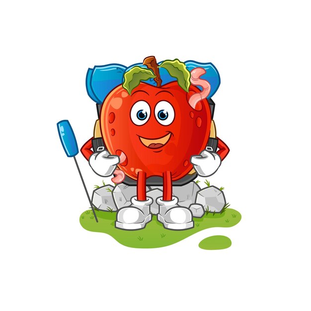 Apple met worm gaan kamperen mascotte cartoon vector