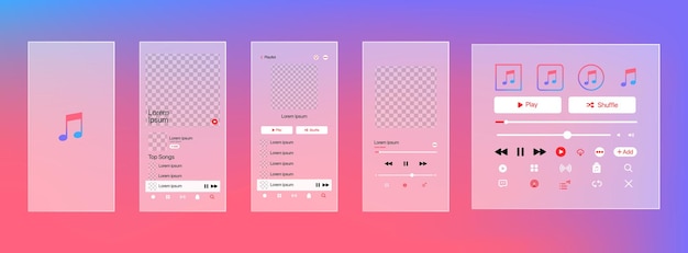 Apple music interface Music app Application template on Iphone mockup Subscription music player Profile Song Album Playlist Pause note search play Glassmorphism Editorial vector