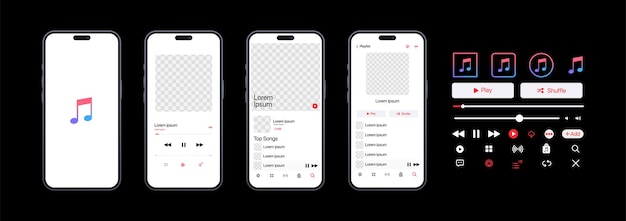 Vector apple music mockup music app application template on iphone mockup subscription music player profile song album playlist pause note search play and shuffle buttons editorial