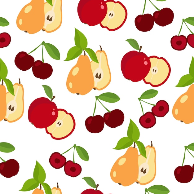 白い背景の上のシームレスなパターンの葉とリンゴ梨と桜