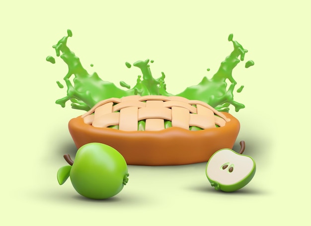 Vector apple pie sliced apple and splash of tasty juice on green background